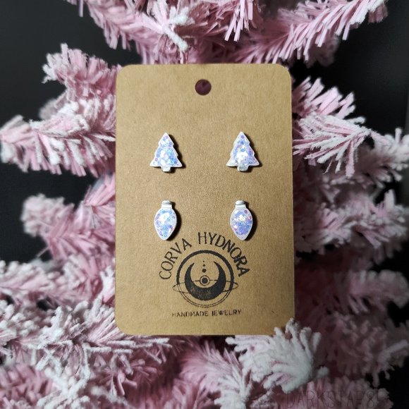 Handmade Polymer Clay Mini Christmas Tree and Bulb Stud Earrings .5" - Picture 2 of 5